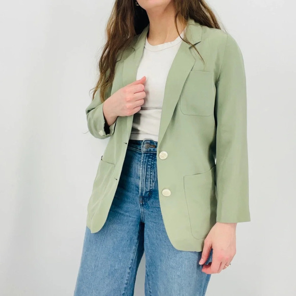 Vintage Jackets & Blazers - vintage sage green 100% silk button down blazer minimalist size 2 / S / XS